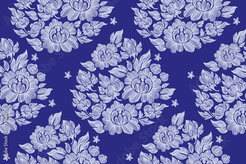 Vintage floral ethnic tapestry modern embroidery texture boho design vector illustration hand drawn silhouette indigo blue flower motif branches leaves wallpaper seamless background border.