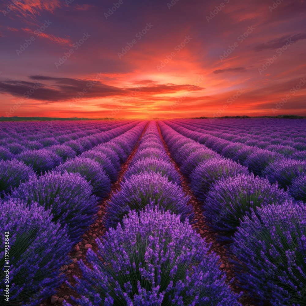 Obraz premium Lavender Fields at Sunset: A Vibrant, Romantic Landscape