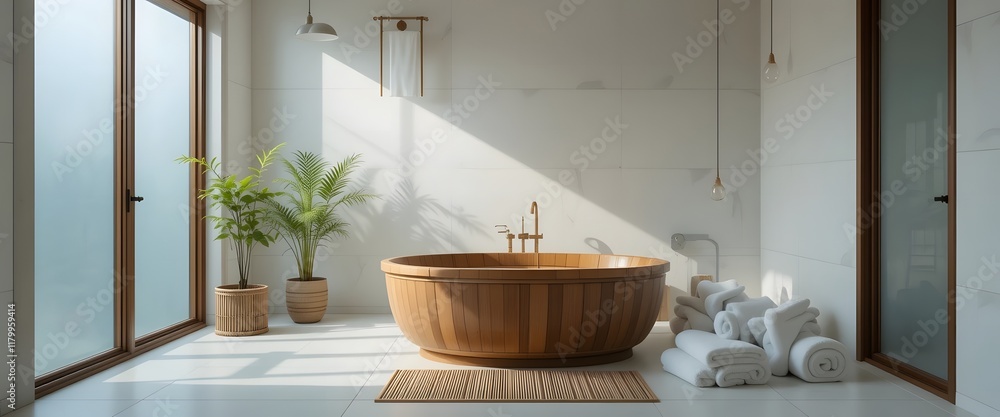 Fototapeta premium Serene Wooden Freestanding Tub in Minimalist Bathroom