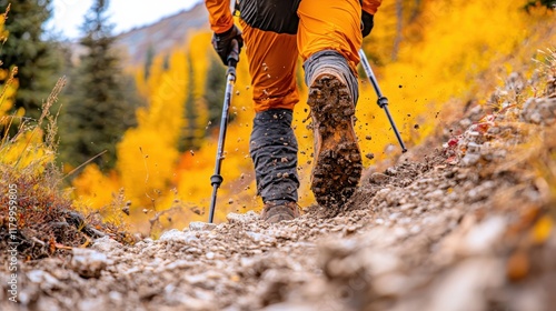 Dynamic trail runner gripping trekking poles on rocky path autumn forest close-up action shot in nature photo