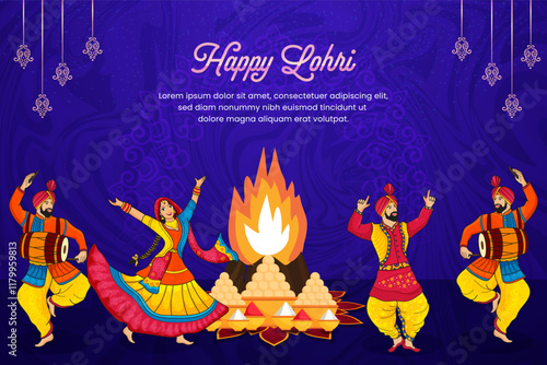 A festive illustration of a Lohri celebration with people dancing around a bonfire, playing music, and enjoying the festivities