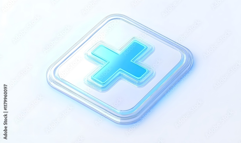 3D render of a glowing blue cross in a square. 3D render of a glowing blue cross in a square.