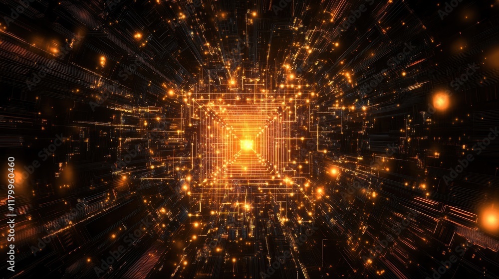 Fototapeta premium Glowing orange squares create a mesmerizing tunnel effect, moving dynamically through digital cyberspace and establishing a vibrant, futuristic backdrop filled with energy and innovation
