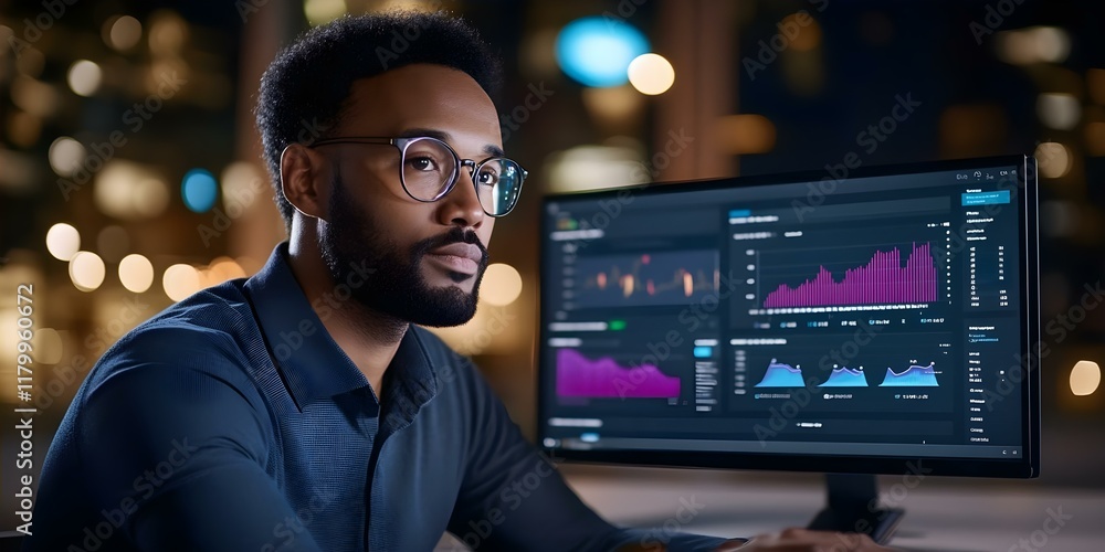 A person analyzing data on a computer screen, with graphs and charts displayed, set against a blurred urban backdrop. Concept Data Analysis Techniques, Visualization Tools, Urban Work Environment A person analyzing data on a computer screen, with graphs and charts displayed, set against a blurred urban backdrop. Concept Data Analysis Techniques, Visualization Tools, Urban Work Environment