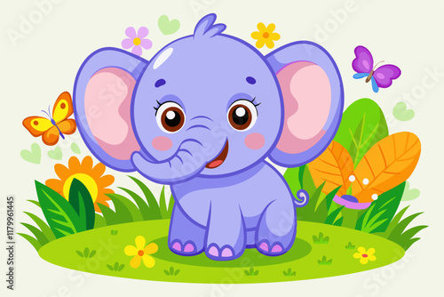 Adorable Lavender Baby Elephant with Butterfly and Flowers - Children's Book Illustration