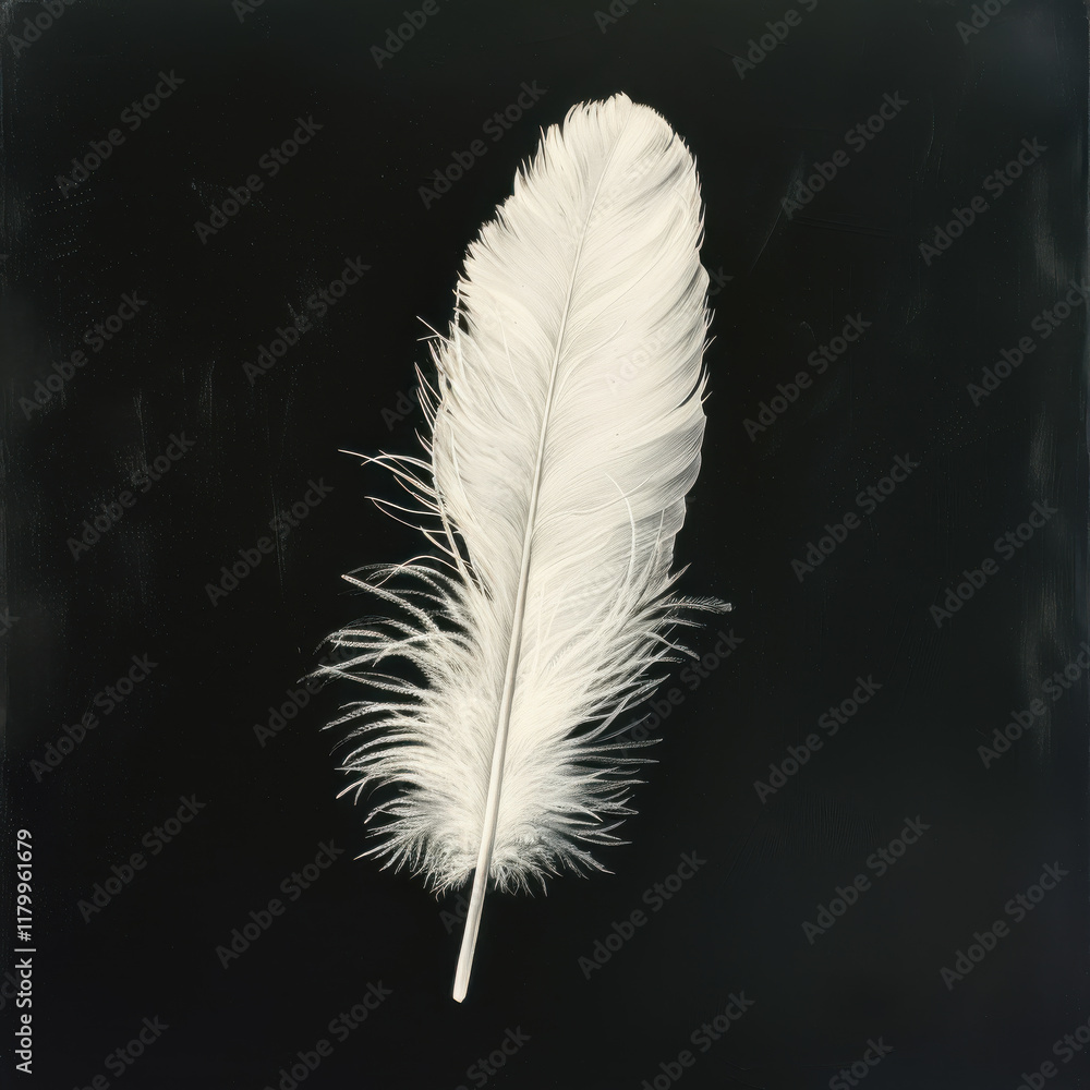 Large white feather gracefully displayed against a black background Large white feather gracefully displayed against a black background