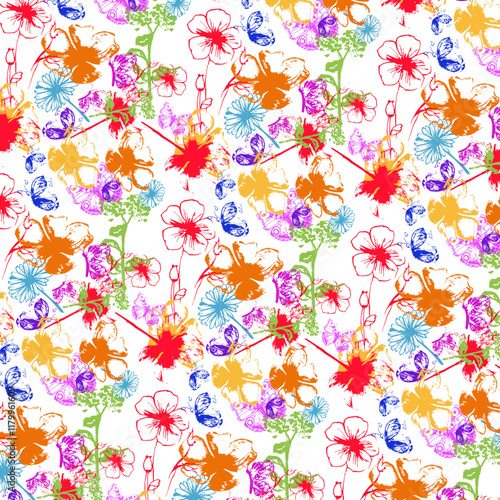 .Pattern con fiori multicolore e farfalle