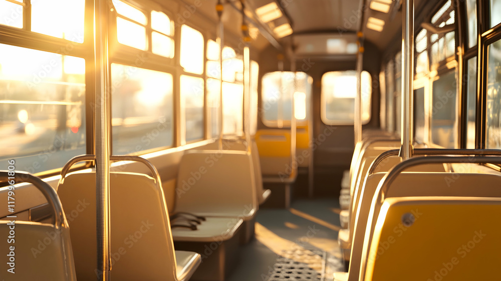 Fototapeta premium Empty sunlit bus interior with beige seats and cinematic lighting