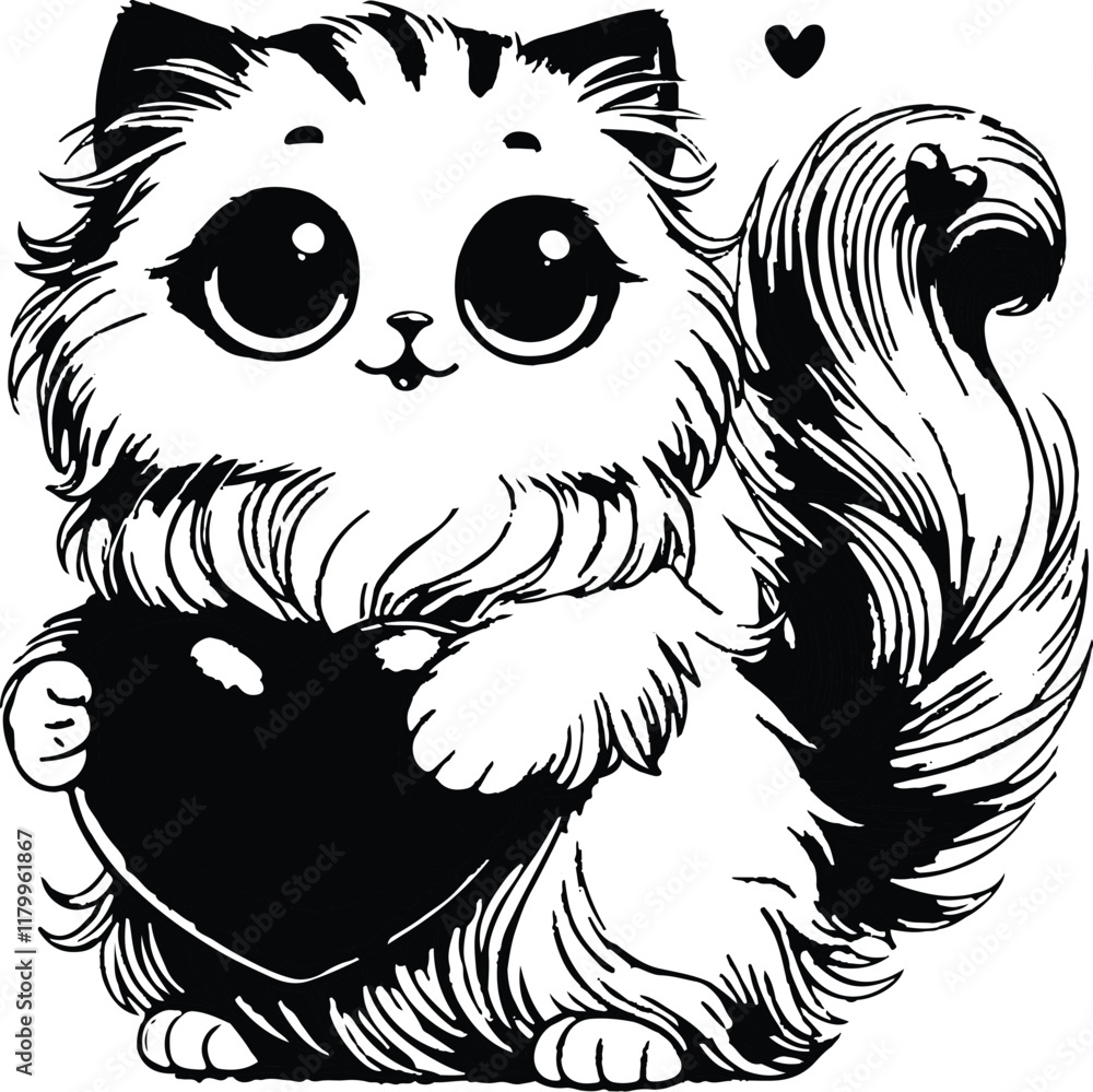 Fototapeta premium Cute cartoon cat, big expressive eyes, fluffy fur, holding heart, black and white illustration, kawaii style, chibi cat, adorable feline, ink drawing, simple background, playful pose, oversized head,