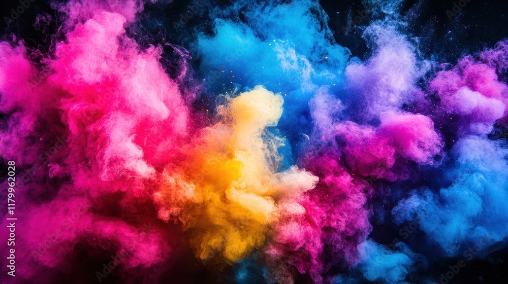 Vibrant Colorful Smoke Clouds Erupting Against a Dark Background, Creating a Dynamic Atmosphere of Art and Energy for Creative Projects and Designs Vibrant Colorful Smoke Clouds Erupting Against a Dark Background, Creating a Dynamic Atmosphere of Art and Energy for Creative Projects and Designs