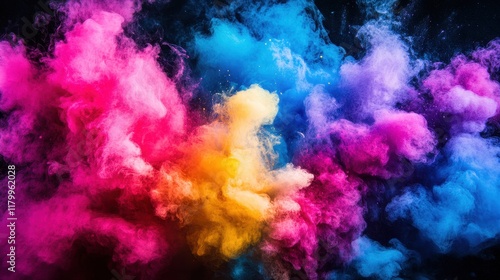 Vibrant Colorful Smoke Clouds Erupting Against a Dark Background, Creating a Dynamic Atmosphere of Art and Energy for Creative Projects and Designs