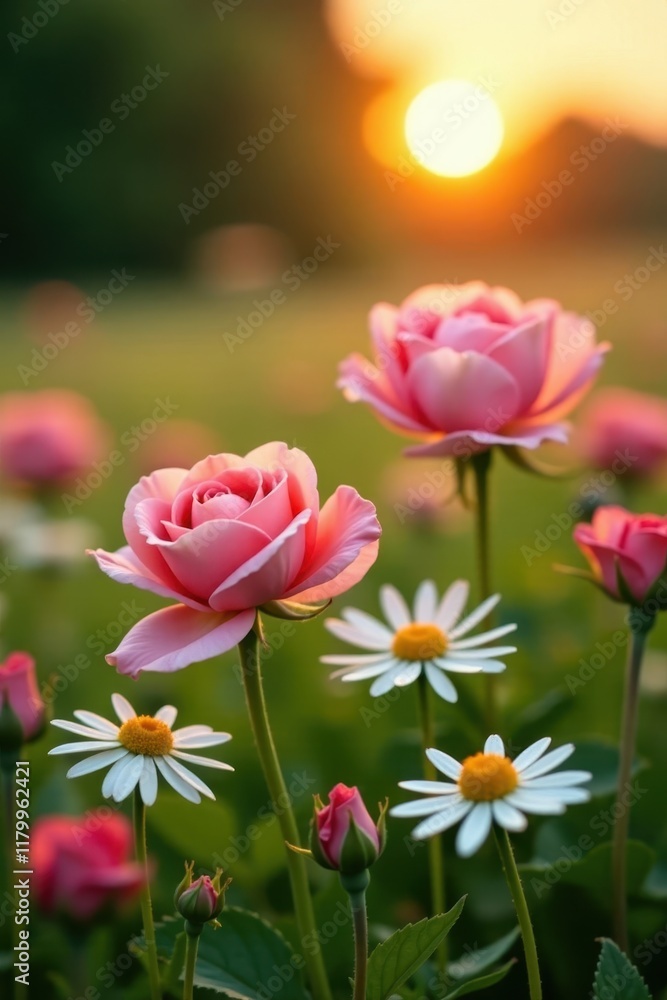 Delicate roses and daisies unfurl petals in an English meadow at sunrise, sunrise, dew, english meadow Delicate roses and daisies unfurl petals in an English meadow at sunrise, sunrise, dew, english meadow