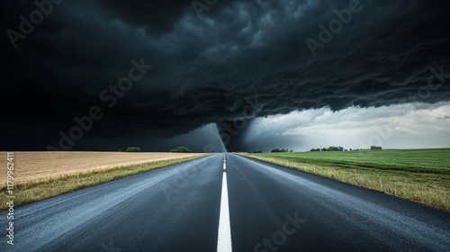 Dramatic Stormy Road: Dark Clouds, Golden Fields, and Asphaltic Path photo