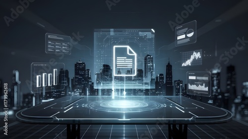 A glowing, empty digital workspace with floating holographic document icons, 3D bar graphs, and interactive tools hovering above a glass desk. The backdrop shows a futuristic city skyline blurred with