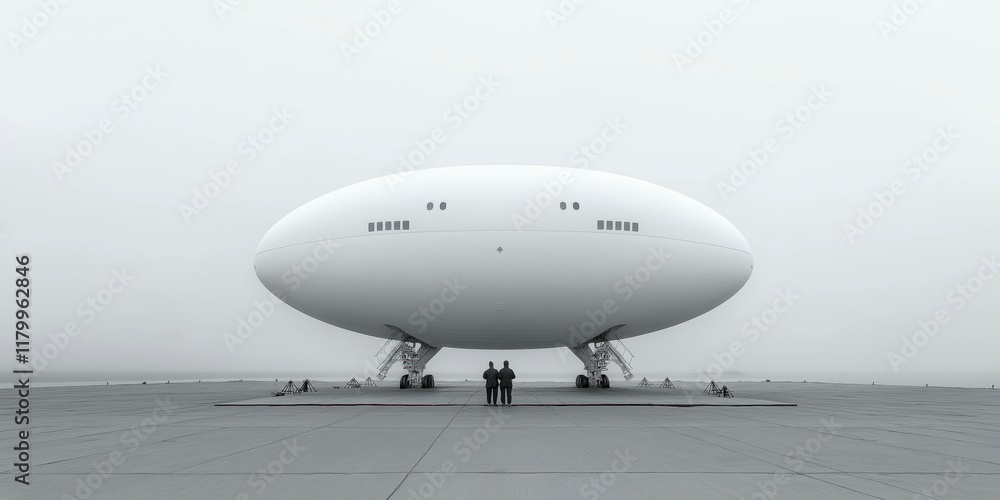 Obraz premium Two figures stand in awe before a massive, futuristic airship at a foggy dock, evoking wonder and curiosity about aviation's future. Generative AI