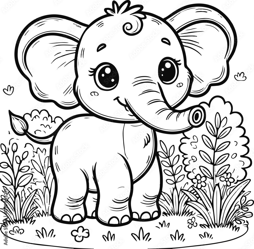 Fototapeta premium Cute cartoon baby elephant, big expressive eyes, small tuft of hair, short trunk, rounded body, standing on grass, flowers nearby, black and white line drawing, coloring book style, simple background,