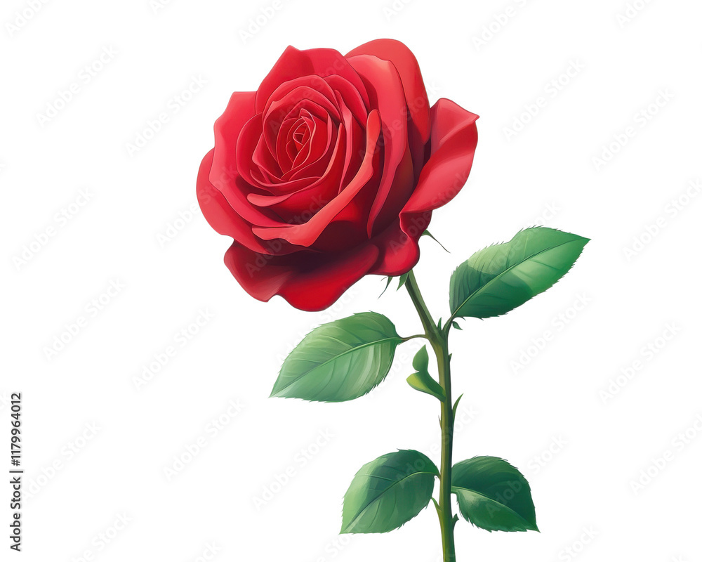 Red rose flower, green leaves, white isolated background Red rose flower, green leaves, white isolated background