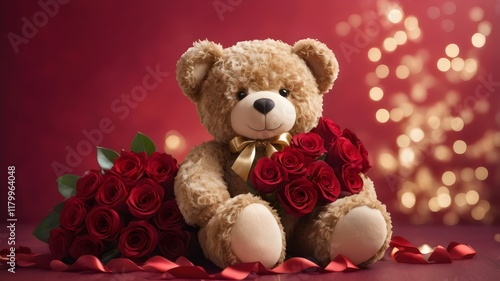 Valentine's Love: Bear and Cub, and puppy with Pink Roses