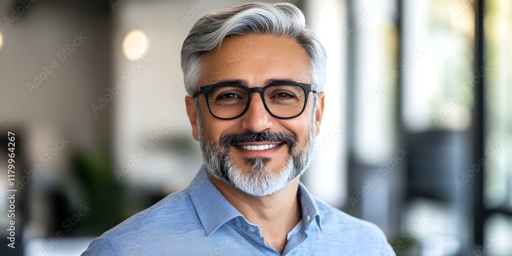 A smiling, middle-aged man with gray hair and glasses is in a bright, modern office setting. Concept Office Environment, Professional Portrait, Middle-Aged Man, Gray Hair and Glasses A smiling, middle-aged man with gray hair and glasses is in a bright, modern office setting. Concept Office Environment, Professional Portrait, Middle-Aged Man, Gray Hair and Glasses