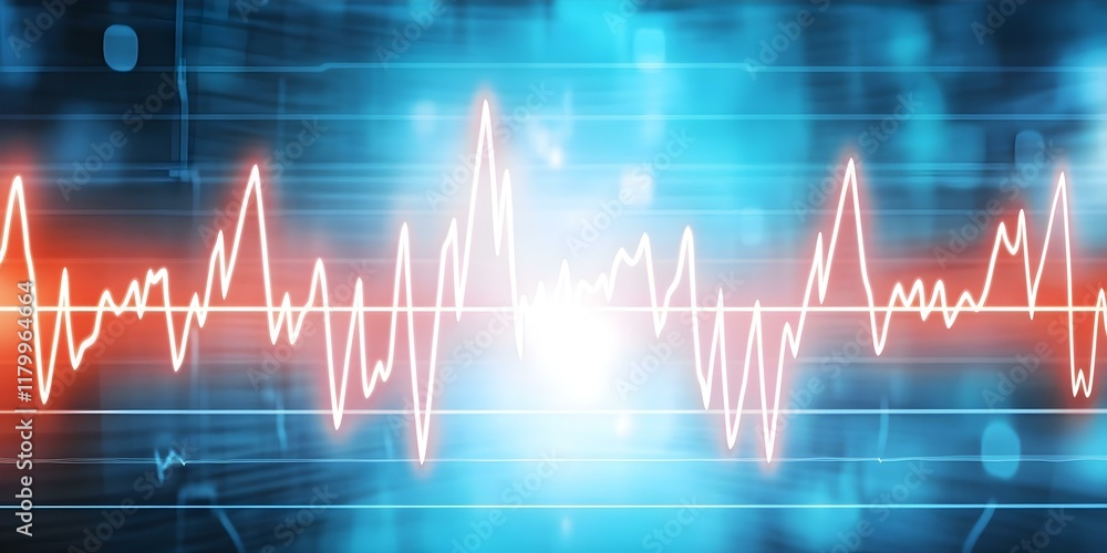 A digital representation of an audio waveform, displaying fluctuations in sound amplitude over time with a vibrant blue and orange background. Concept Audio Waveform Visualization A digital representation of an audio waveform, displaying fluctuations in sound amplitude over time with a vibrant blue and orange background. Concept Audio Waveform Visualization