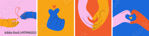 Romantic hands gestures. Abstract human arms and palms with different love and care signs, minimalistic flat hands showing heart shape. Vector set