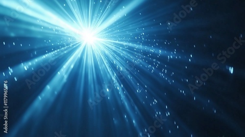 Bright white lights and rays. Blue color. Abstract background.