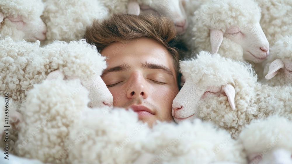 Young man resting with sheep a pastoral lifestyle and tranquility in a natural setting Young man resting with sheep a pastoral lifestyle and tranquility in a natural setting