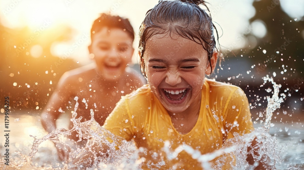 Obraz premium Joyful children splashing in sunlit water during a fun summer playtime
