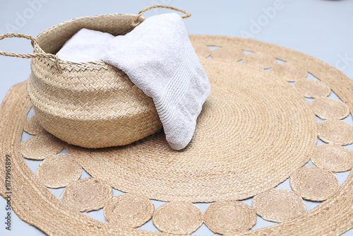 Fashionable bamboo basket with natural cotton towel on handmade jute rug. Stylish interior item. Eco design for  bathroom.Space for text.