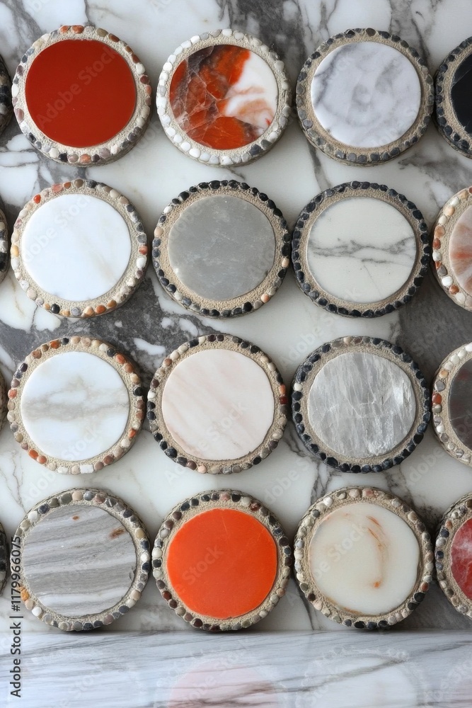 Collection of colorful round coasters with pebble and stone mosaic trim Collection of colorful round coasters with pebble and stone mosaic trim