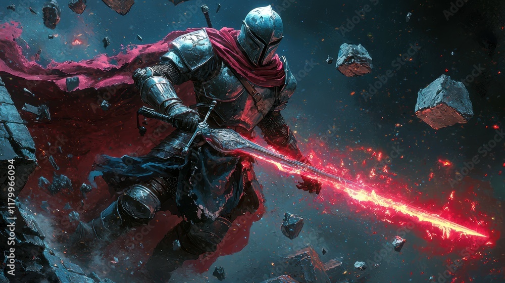 Fototapeta premium A fierce male warrior in armor wielding a glowing sword amid a dramatic backdrop.