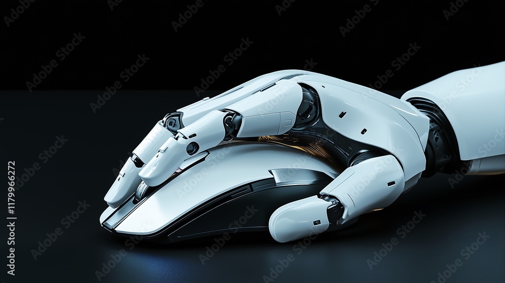 Whute robot hand using a computer mouse on black background. Whute robot hand using a computer mouse on black background.