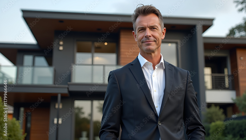 confident businessman in suit standing outside modern luxury house
confident businessman in suit standing outside modern luxury house