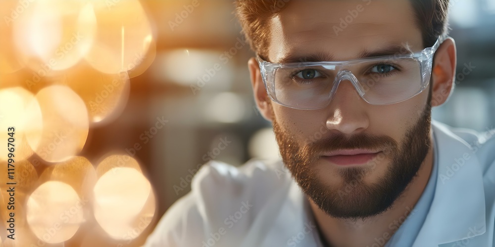 A focused young man wearing safety glasses and a lab coat, suggesting he is in a scientific or technical environment. Concept Lab Safety Measures, Focused Research, Scientific Inquiry A focused young man wearing safety glasses and a lab coat, suggesting he is in a scientific or technical environment. Concept Lab Safety Measures, Focused Research, Scientific Inquiry