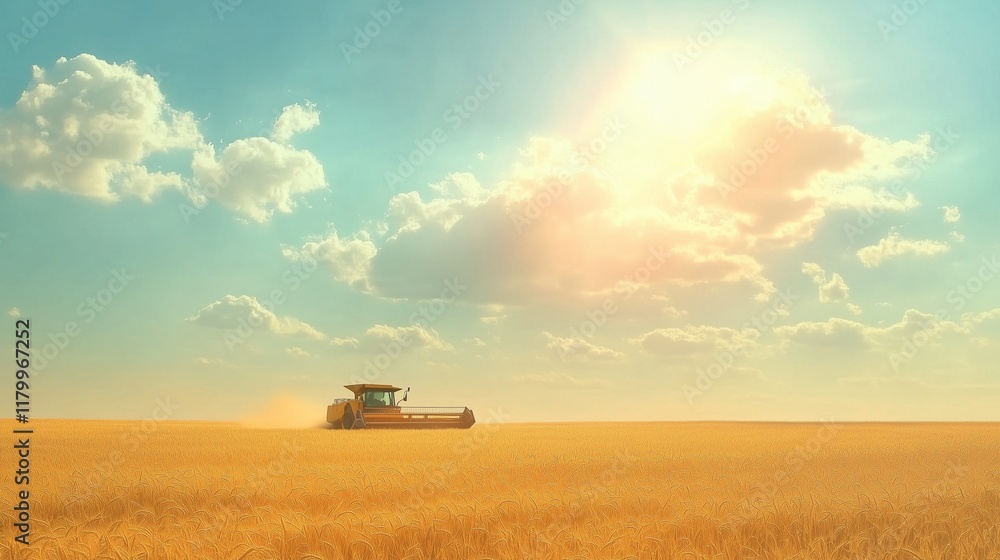 Fototapeta premium Combine harvester working in the field. Tractor. Top view. Wheat.