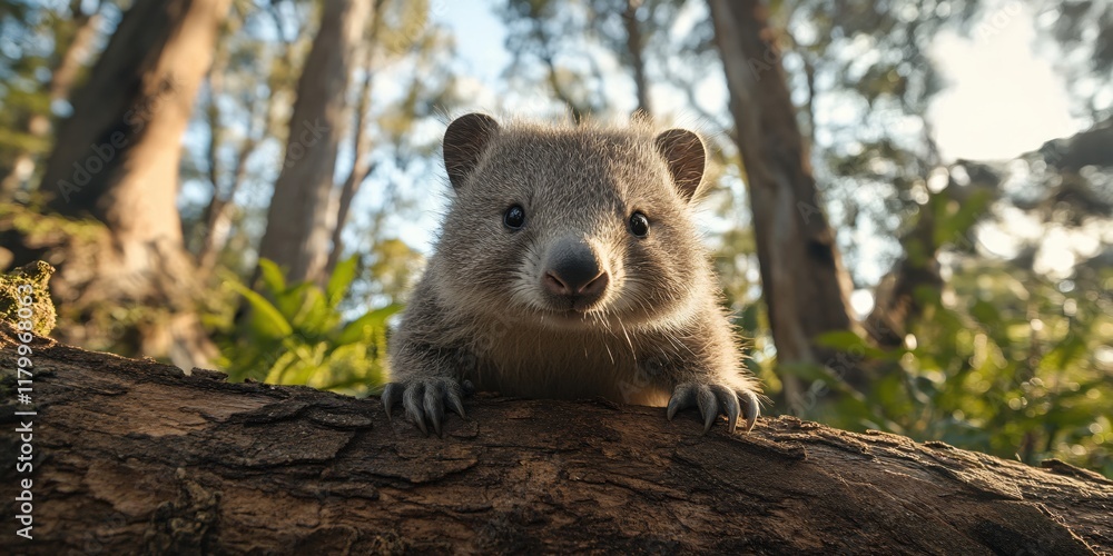 Obraz premium Adorable Quokka Baby Peeking from Log in Sunny Forest