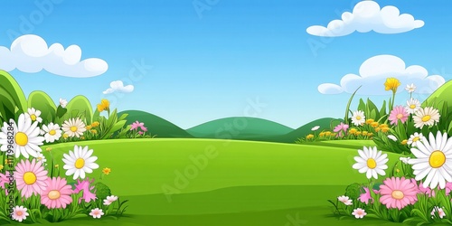 Sunny Meadow Landscape with Blooming Flowers and Rolling Hills Scenic Spring Nature Background