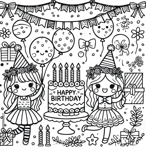 Birthday party illustration, cute chibi characters, black and white line art, coloring book style, birthday cake, balloons, presents, party hats, birthday banners, confetti, candles, bows, festive dec