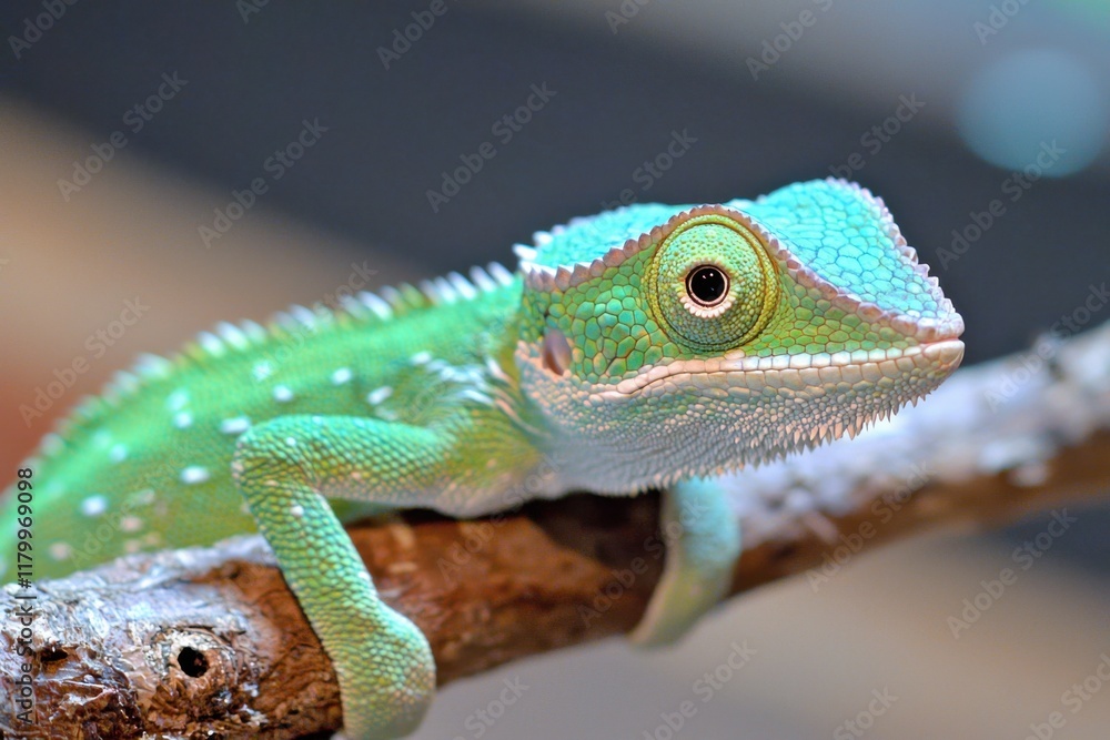 Captivating green chameleon climbing a branch in a natural habitat close-up photography serene environment Captivating green chameleon climbing a branch in a natural habitat close-up photography serene environment