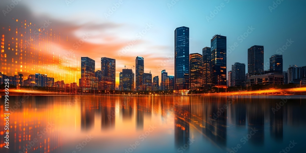 Fototapeta premium A city skyline at sunset, featuring tall buildings reflected in water, with a colorful sky and light trails visible. Concept City Skyline Photography, Sunset Reflections, Urban Landscape