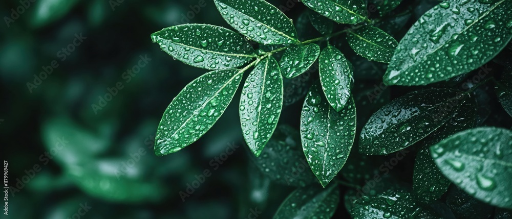 Fototapeta premium Lush Green Leaves Glistening with Dew Drops Nature Photography