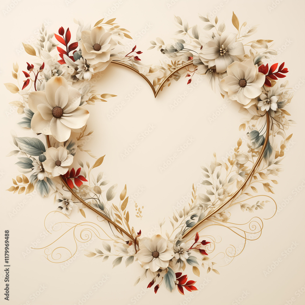 Heart-shaped floral wreath with white and red flowers on beige Heart-shaped floral wreath with white and red flowers on beige