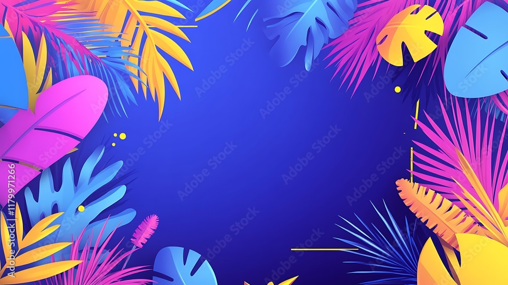 Fototapeta premium Vibrant Tropical Leaves Frame Blue Background