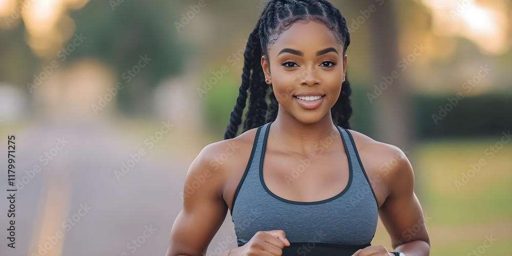 Fototapeta premium A woman with braids jogging outdoors, smiling while wearing athletic gear on a sunny day. Concept Jogging in the Sun, Athletic Gear, Smiling Woman, Outdoor Fitness, Braided Hair Style