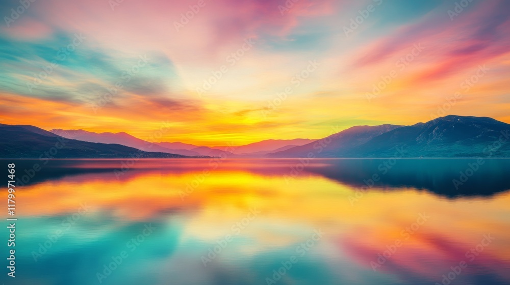 Fototapeta premium Serene Sunset: Vibrant Lake Reflects Colorful Mountains