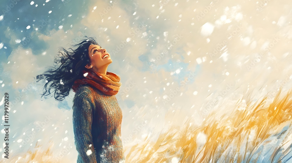 Woman Joyfully Gazing Upwards In Winter Snowfall Woman Joyfully Gazing Upwards In Winter Snowfall