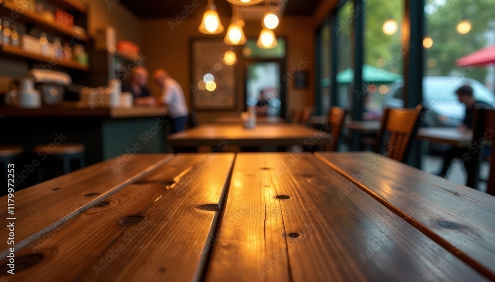 Wooden table top with subtle reflections of golden illumination in a quiet cafe setting under low lighting conditions, blur, ambient light, table top Wooden table top with subtle reflections of golden illumination in a quiet cafe setting under low lighting conditions, blur, ambient light, table top