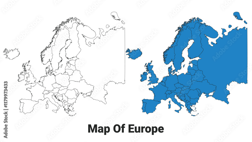 Fototapeta premium Europe Blue detailed outline map border regions outline vector set
