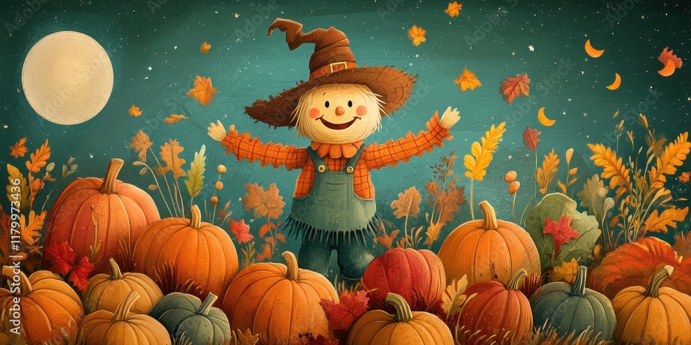 Fototapeta premium Happy Scarecrow Amidst Autumn Pumpkins Under Night Sky