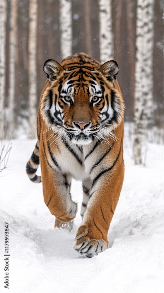 Majestic Siberian Tiger Walking Through Snowy Forest Winter Wonderland Majestic Siberian Tiger Walking Through Snowy Forest Winter Wonderland